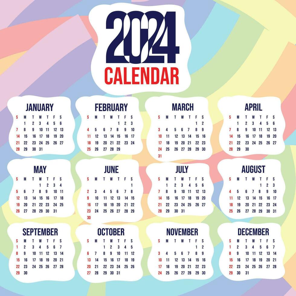 Vector Calendar 2024 with Rainbow abstract background