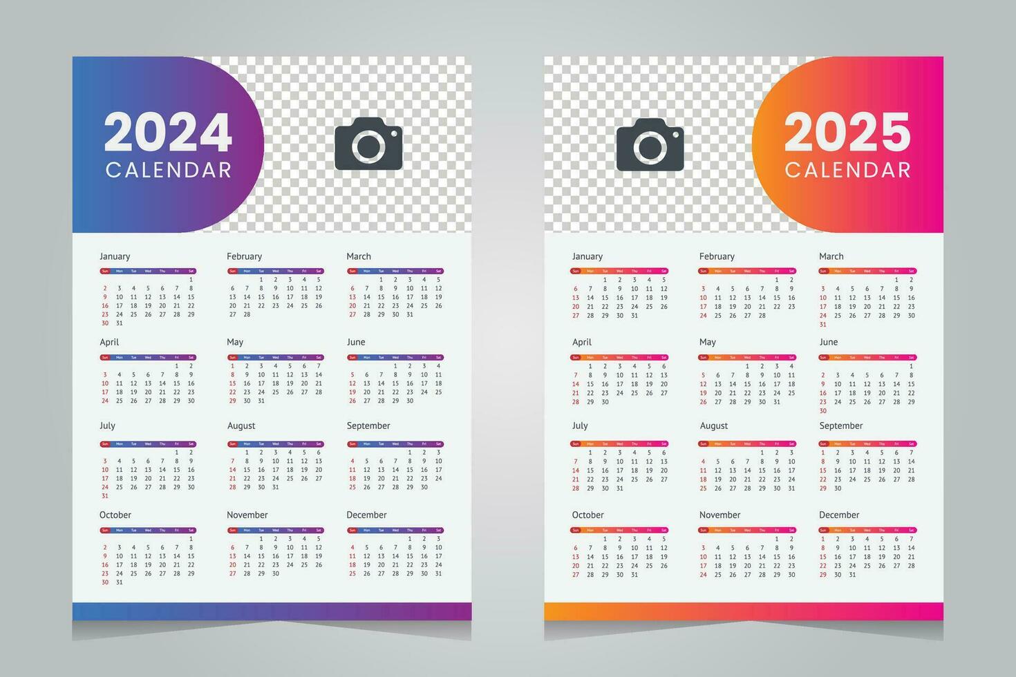 Wall calendar 2024 and 2025 template design. red and blue vertical calendar vector