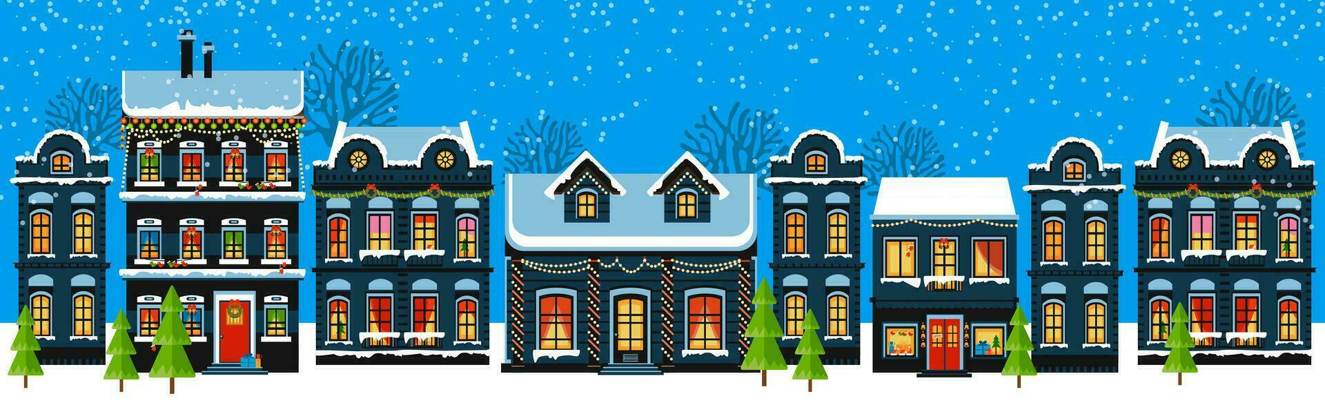 Cute Christmas and winter houses. Snowy night in cozy Christmas town panorama. vector