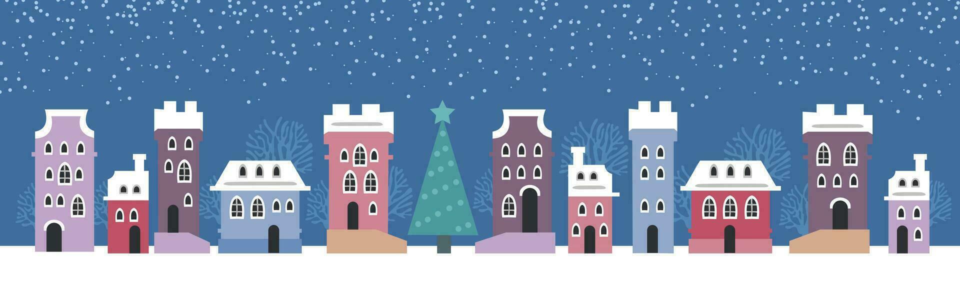 Cute Christmas and winter houses. Snowy night in cozy Christmas town panorama. vector