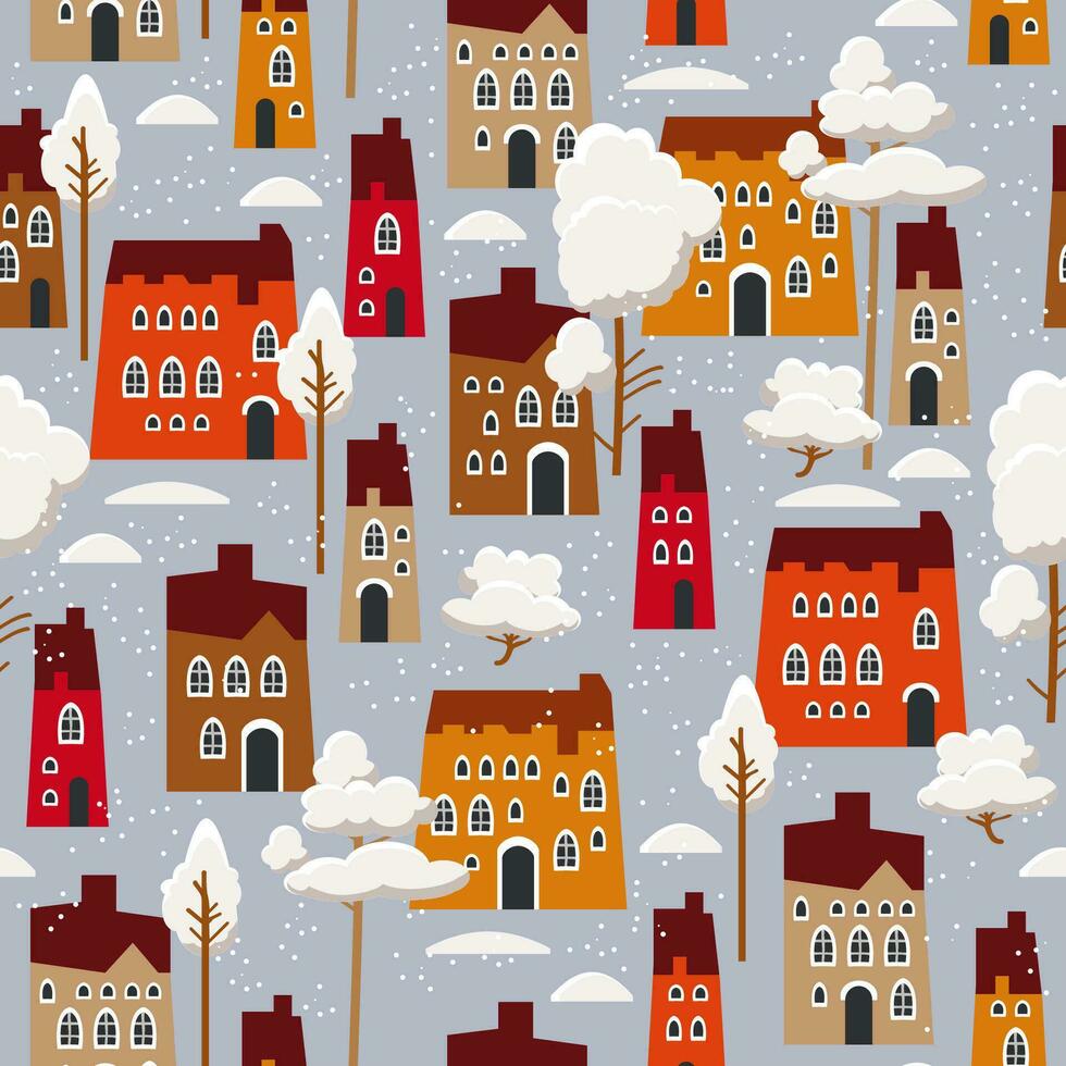 Christmas seamless pattern with winter houses, trees and other elements. vector