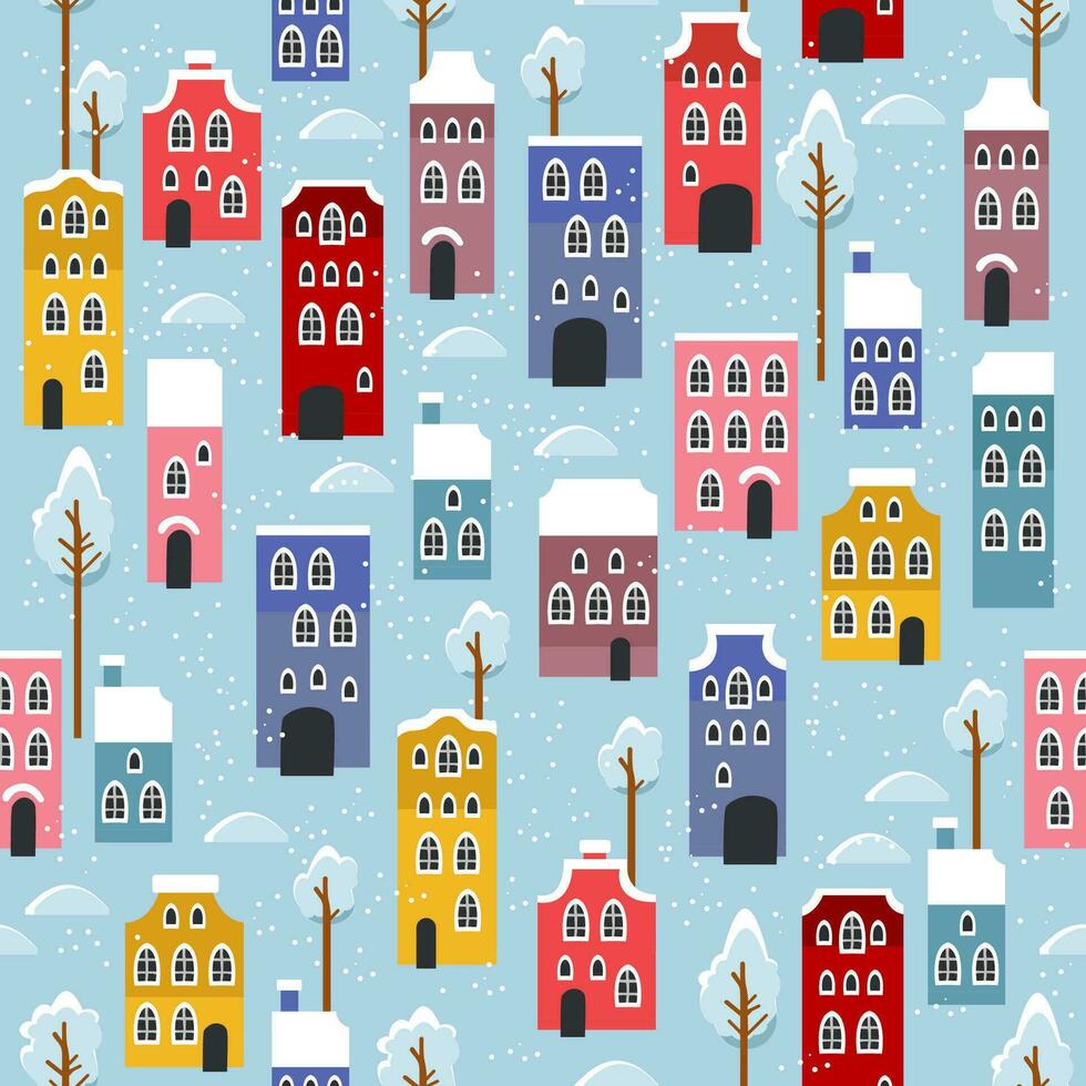 Christmas seamless pattern with winter houses, trees and other elements. vector