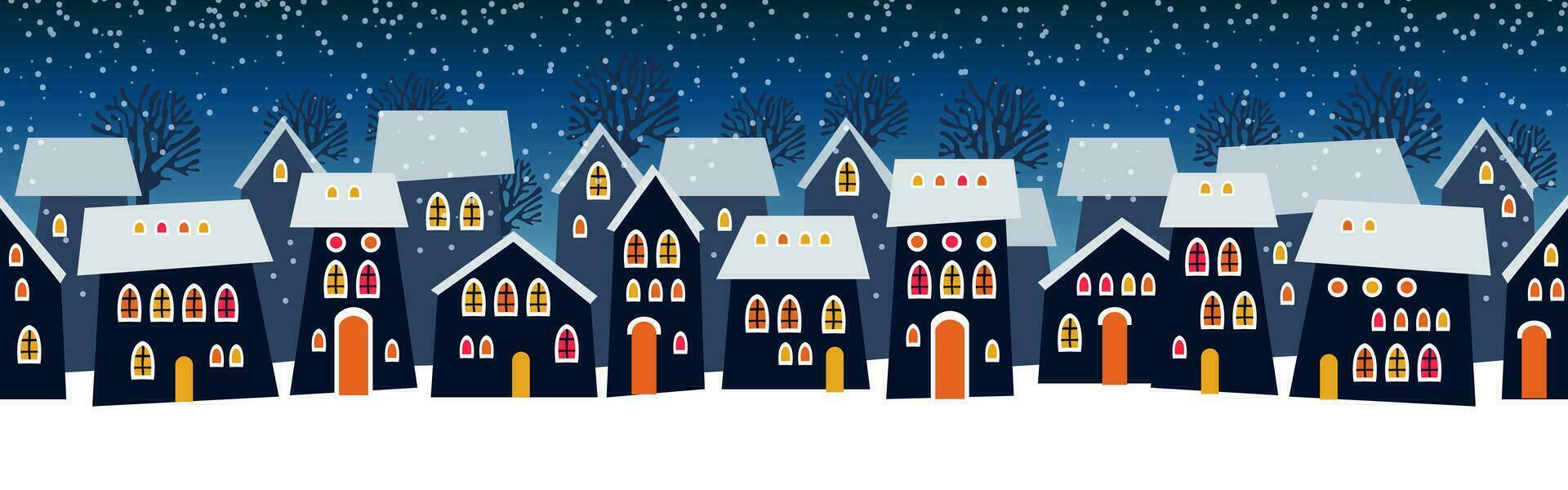 Cute Christmas and winter Night city houses. Snowy town panorama. vector