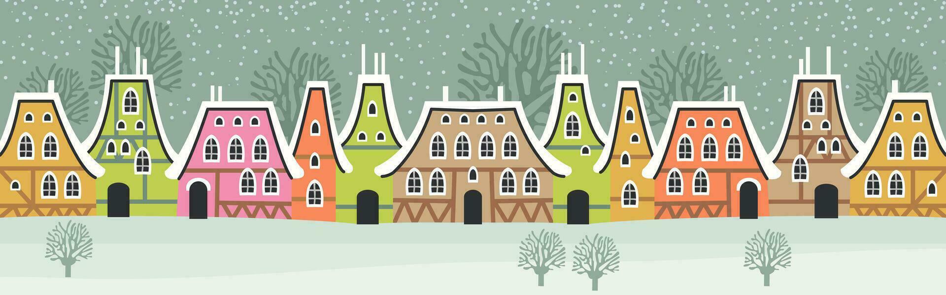 Cute Christmas and winter houses. Snowy night in cozy Christmas town city panorama. vector