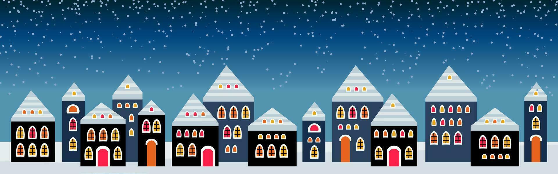 Cute Christmas and winter Night city houses. Snowy town panorama. vector