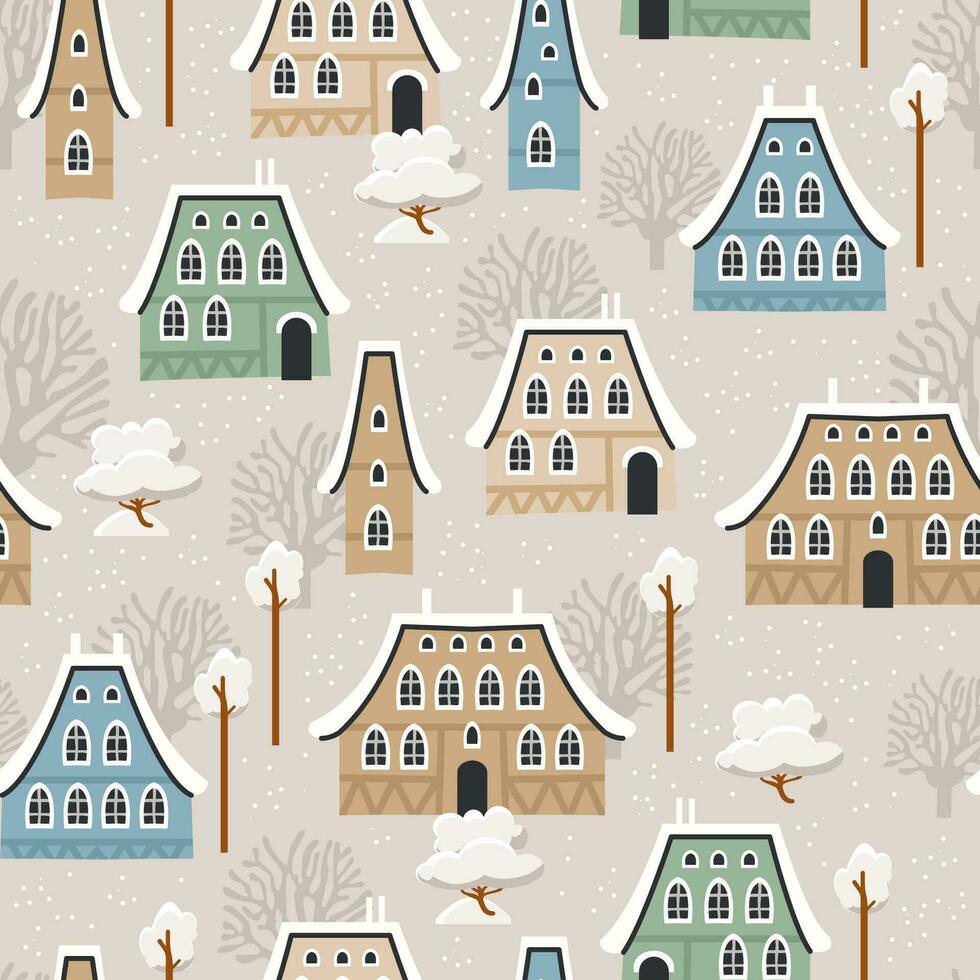 Christmas seamless pattern with winter houses, trees and other elements. vector