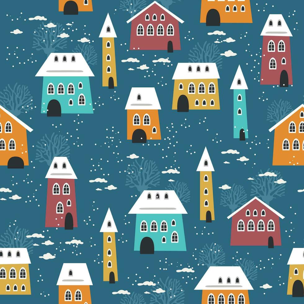 Christmas seamless pattern with winter houses, trees and other elements. vector