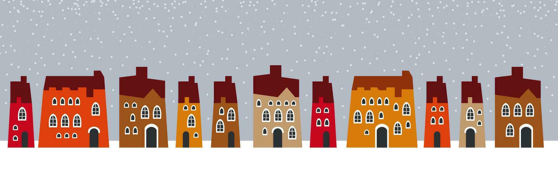 Cute Christmas and winter houses. Snowy night in cozy Christmas town city panorama. vector