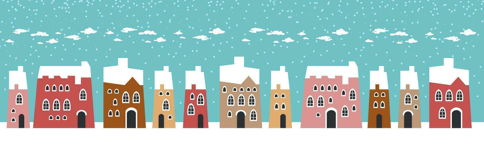 Cute Christmas and winter houses. Snowy night in cozy Christmas town city panorama. vector