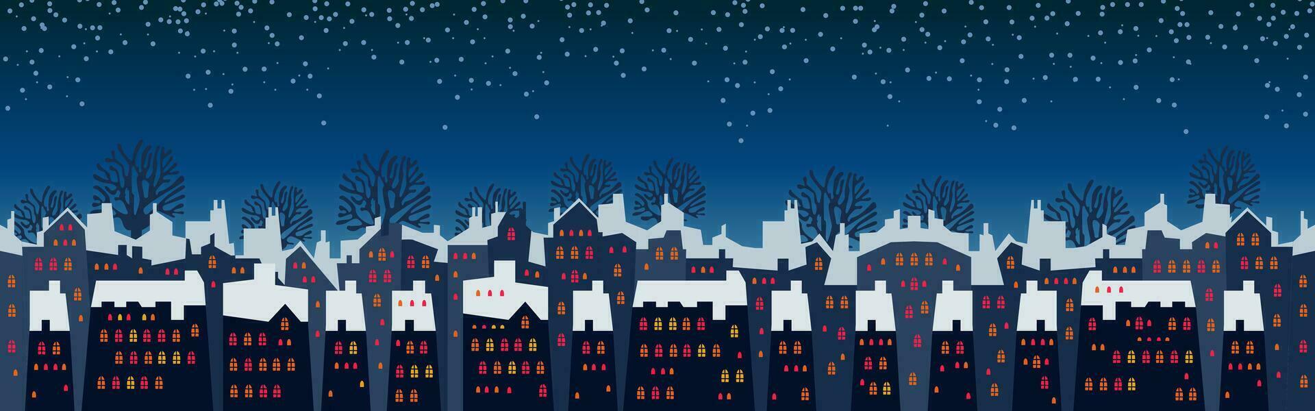 linda Navidad y invierno noche ciudad casas Nevado pueblo panorama. vector