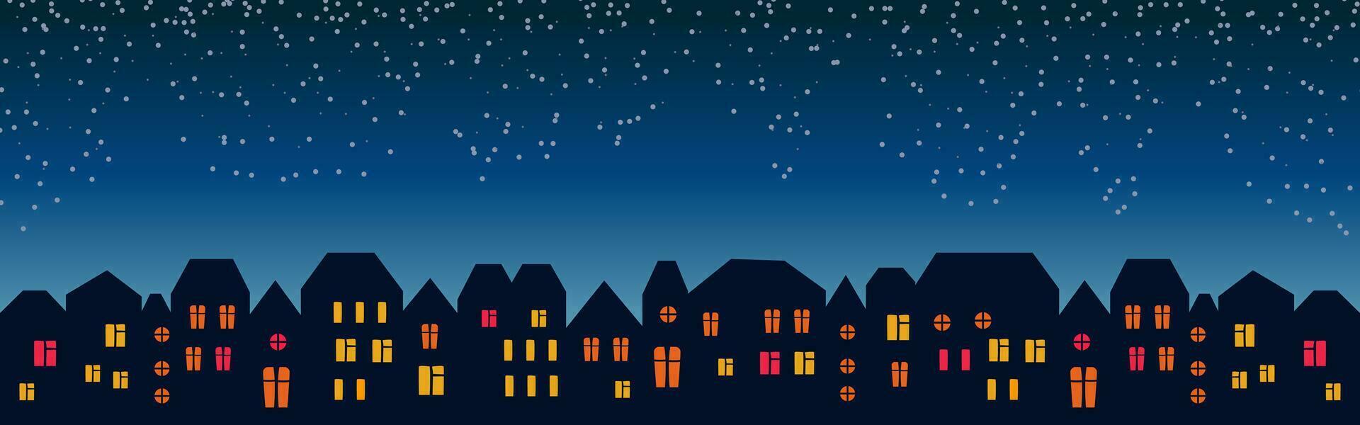 Cute Christmas and winter Night city houses. Snowy town panorama. vector