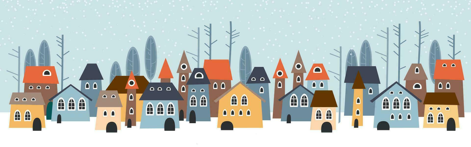 linda Navidad y invierno casas Nevado noche en acogedor Navidad pueblo panorama. vector