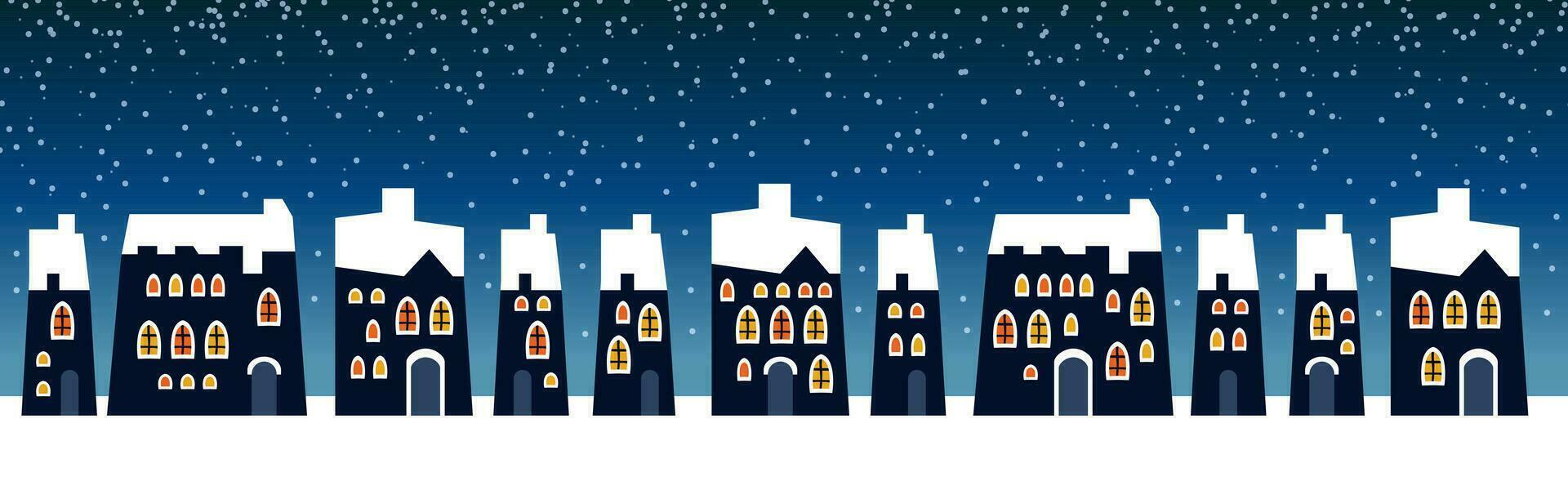 Cute Christmas and winter Night city houses. Snowy town panorama. vector