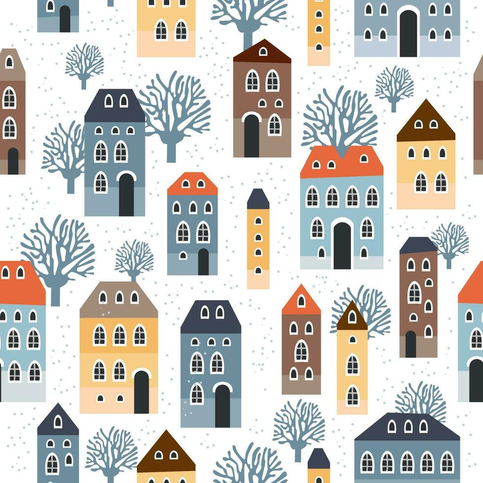 Christmas seamless pattern with winter houses, trees and other elements. vector