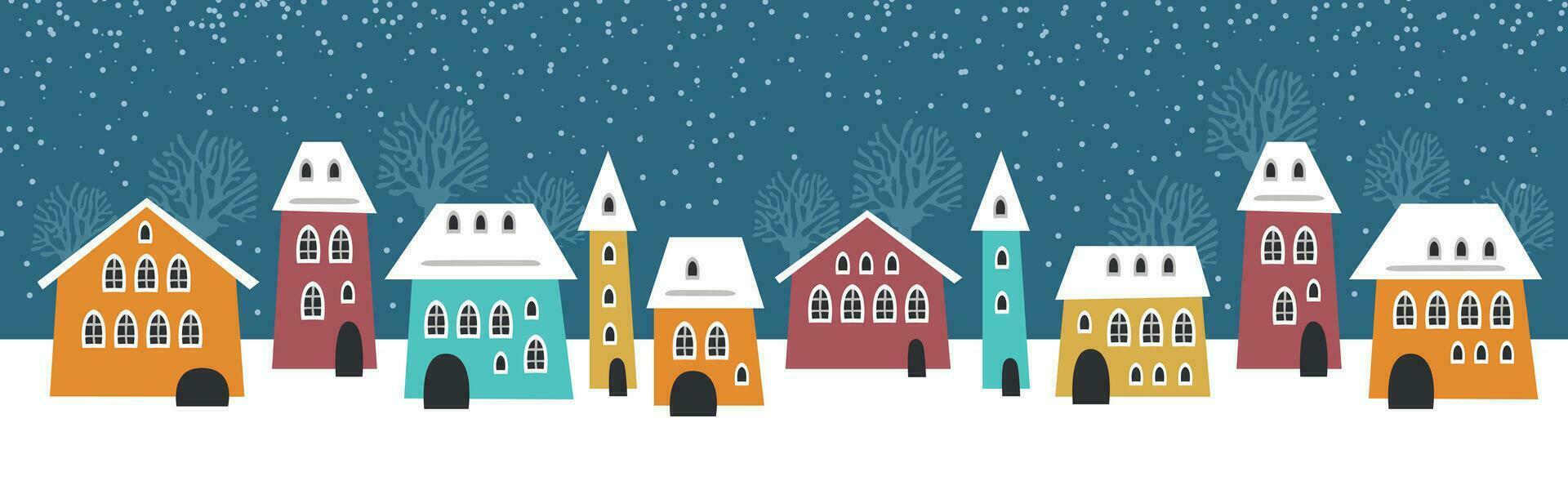 Cute Christmas and winter houses. Snowy night in cozy Christmas town city panorama. vector