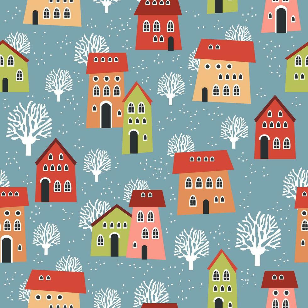 Christmas seamless pattern with winter houses, trees and other elements. vector