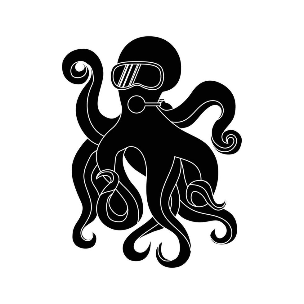 Octopus diver simple silhouette icon. For diving school or infographic about diving to depth. vector