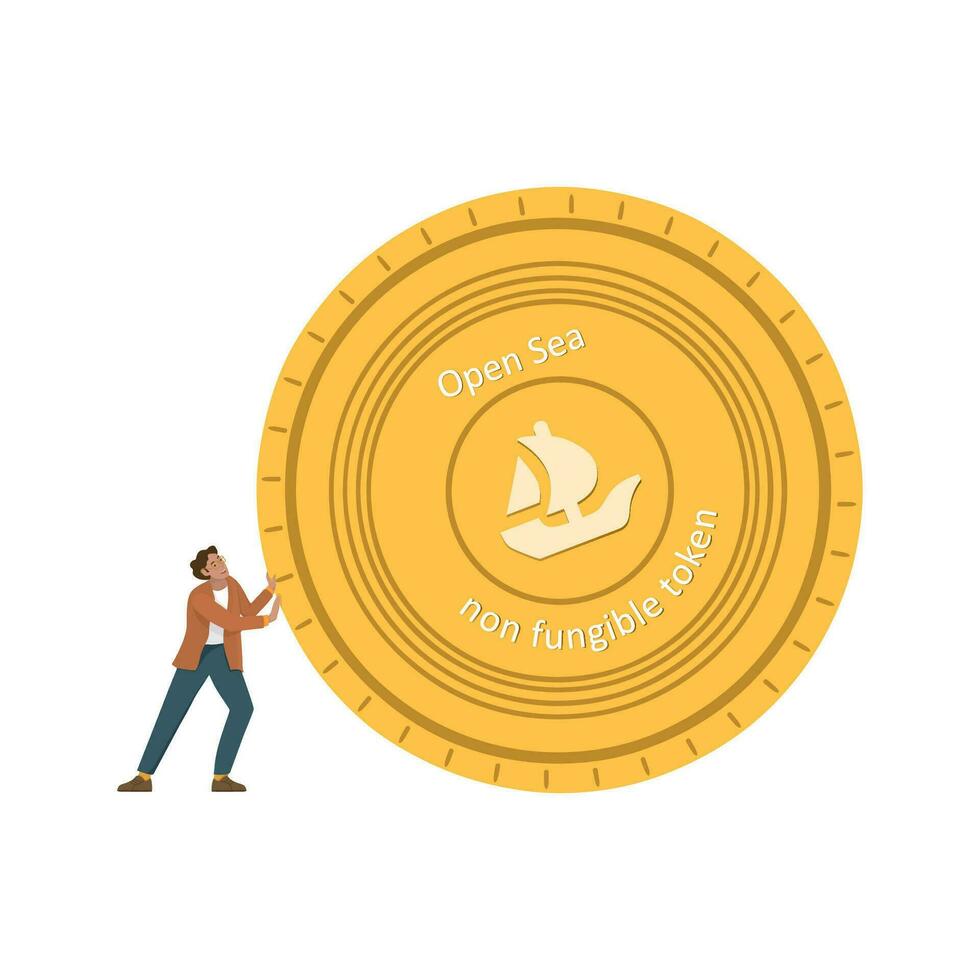 un hombre empuja un mar abierto oro moneda, un desarrollo de el nft. un plataforma para el rebaja de nft Arte. mercado para no fungible fichas icono vector