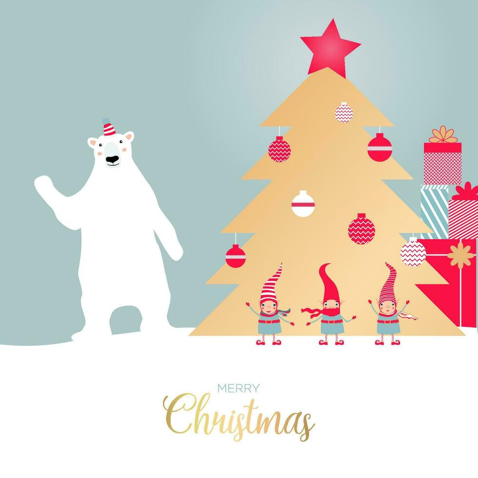 Polar bear and 3 christmas elves waving hands saying hello. Golden Christmas tree with gifts. Template for merry christmas and new year cards, greetings, banners or posters. vector