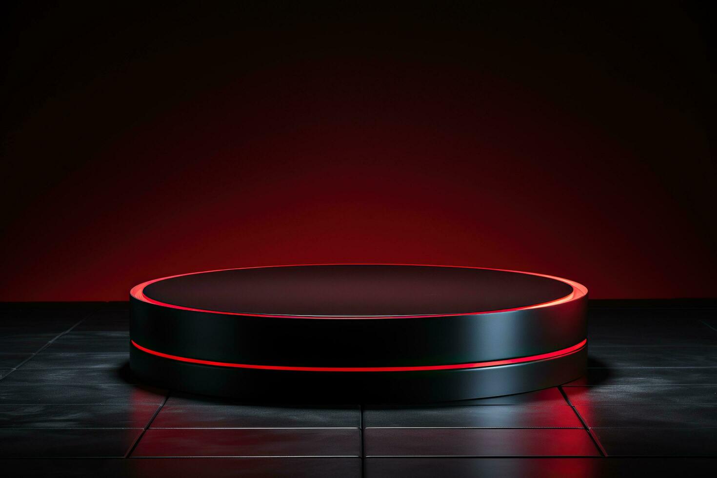 AI generated Metallic black and red podium on black marble photo