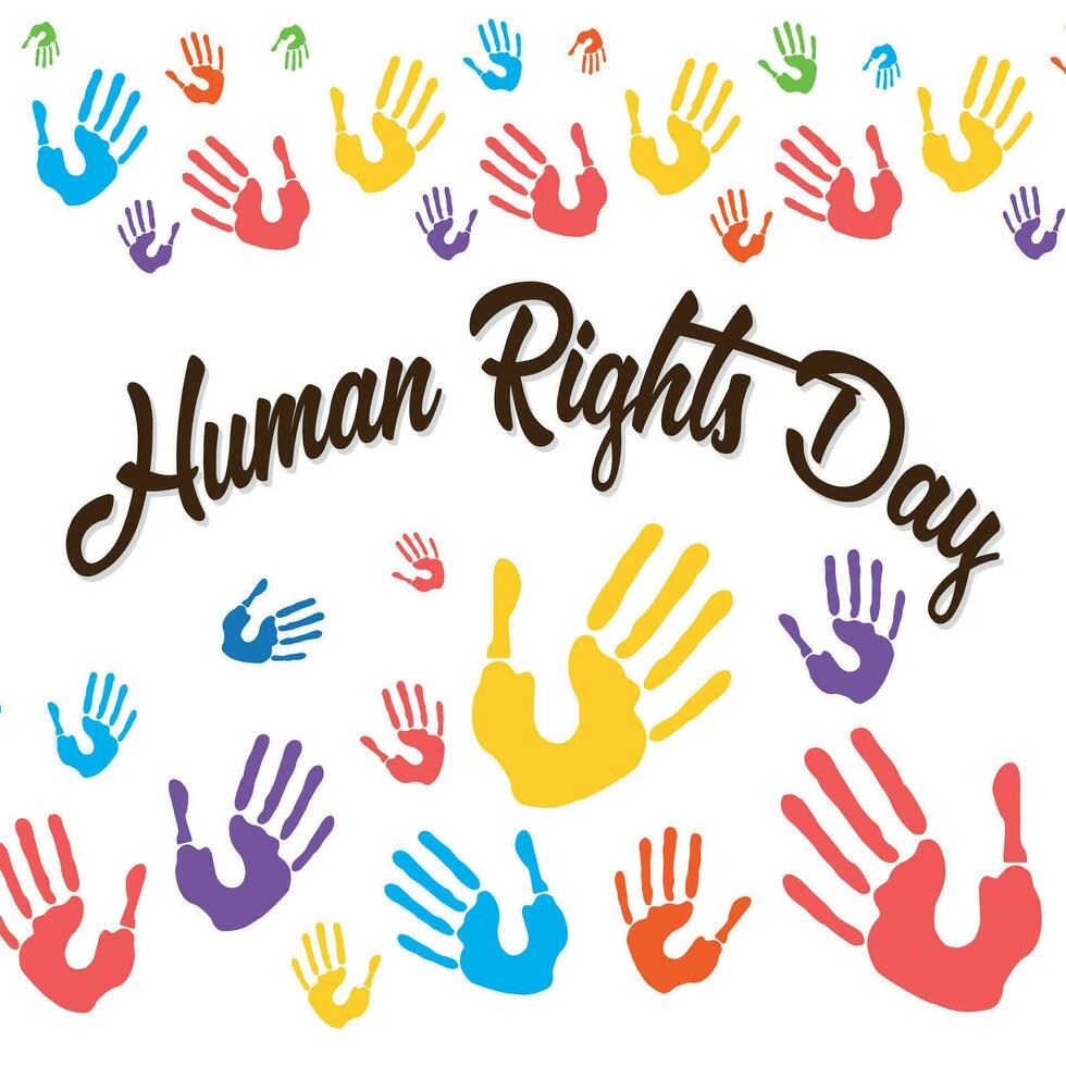 Human right day concept. International peace. Different skin colors hands raised on banner with confetti. Equality awareness icon. Freedom symbol. Cartoon flat on white background.Vector illustration. vector