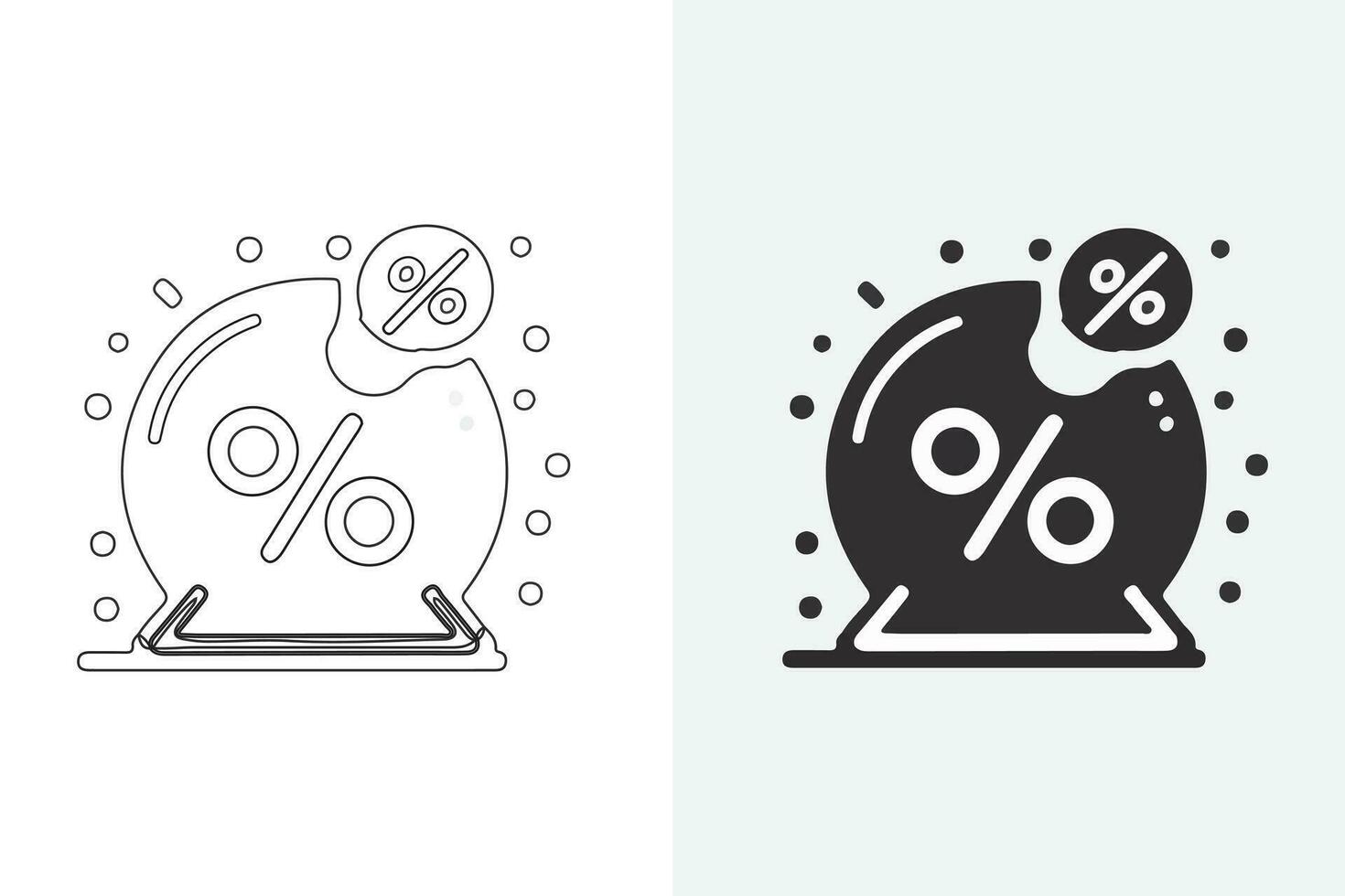 Icons representing percentage growth and decline are placed. Stock vector collection of percent, arrow, up, down, and line style symbols