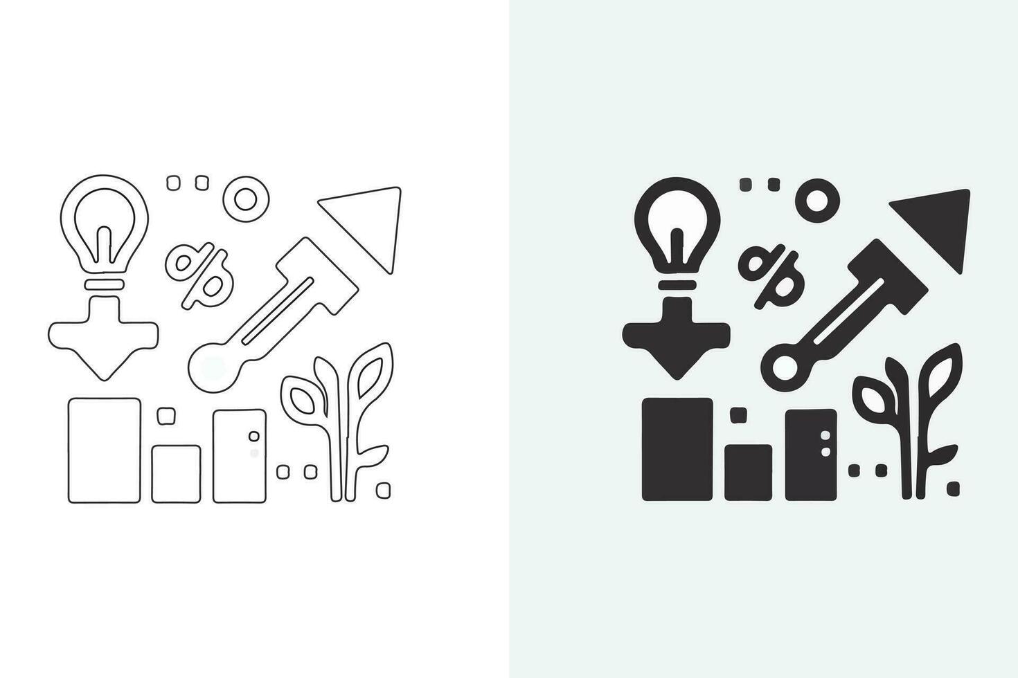 Icons representing percentage growth and decline are placed. Stock vector collection of percent, arrow, up, down, and line style symbols