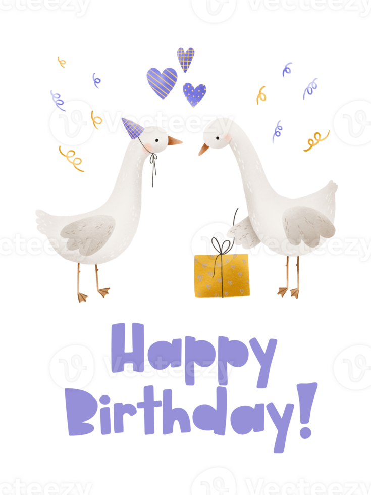 Birthday card with animals. Geese open gift boxes. Isolated illustration for children's party. Vertical postcard banner. Hand drawn modern kid style png