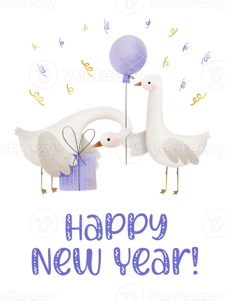 Greeting card for winter holidays. Cute cartoon animals with balloons unpack gifts. Isolated illustration for children's party. Vertical postcard banner. The limited palette for printing textiles png