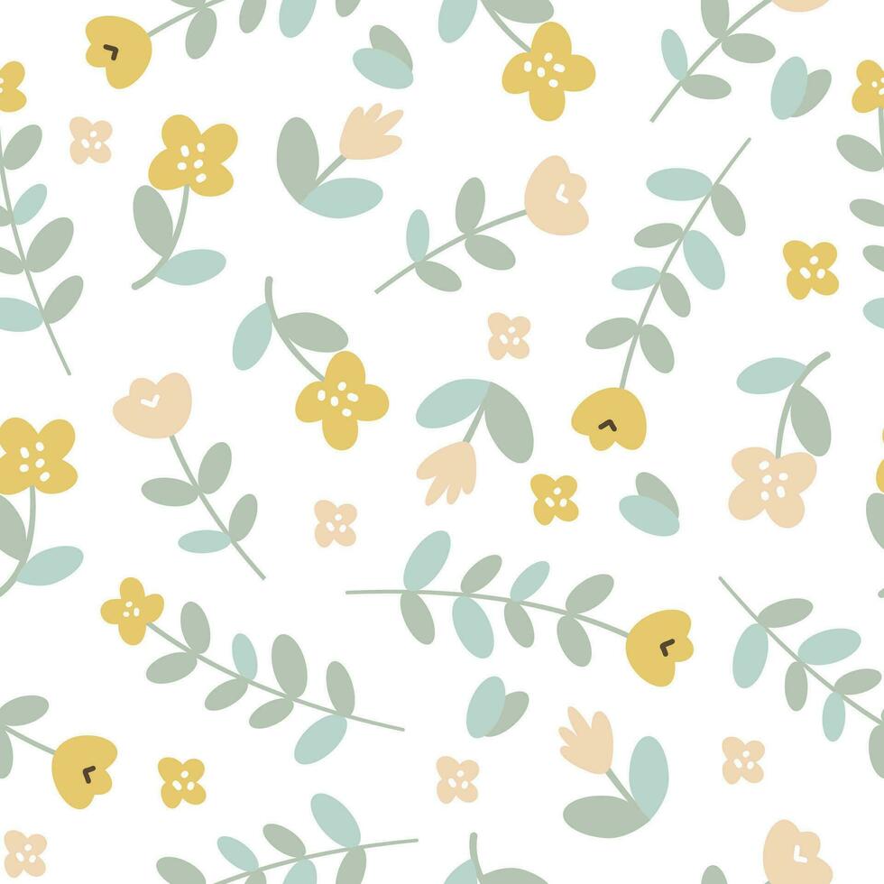 Seamless vector pattern. Delicate flowers in Scandinavian style, naive art. Pattern on white background