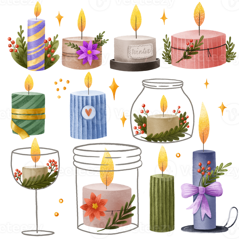 Burning candles. Wax cozy winter candles in holders and wine glass and jar. Hand drawn  Christmas set. Christmas objects for aroma therapy png