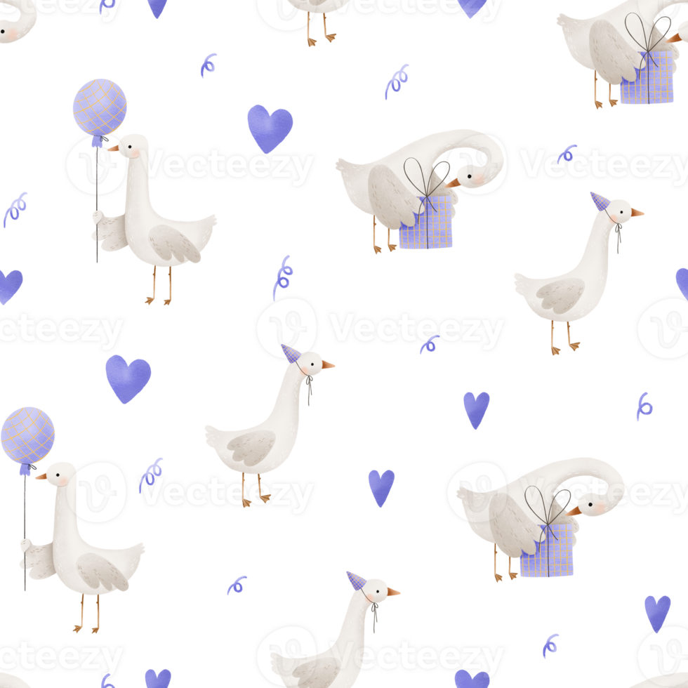 Simple Birthday pattern with duck. Duck Unpacking gift boxes and hold air balloon. Seamless background in limited violet and white palette. Perfect for Newborn textile and clothing png