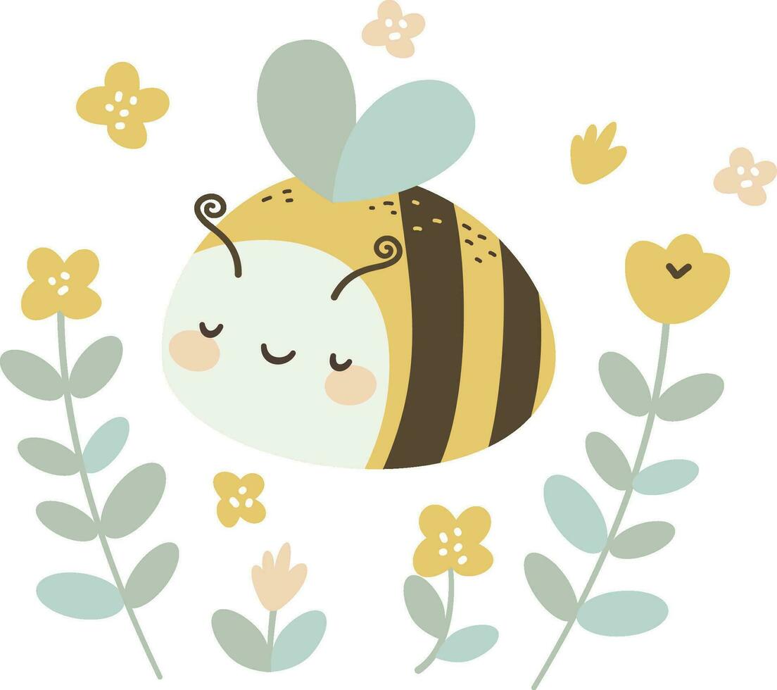 Flat vector children's illustration. Print for printing on children's products. Cute bee with flowers