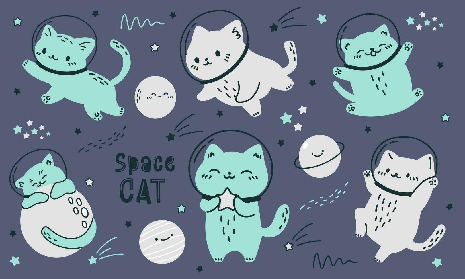 Scandinavian style vector set. Cats in spacesuits flying in space. Space cat inscription. Stars and planets
