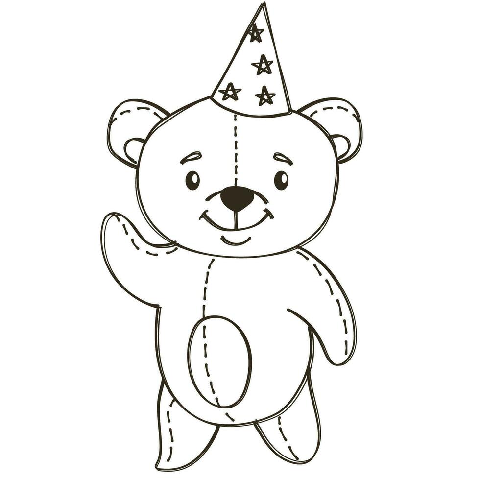 Black and white vector illustration in doodle style. Cute little bear celebrating his birthday. Bear jumping in confetti with a piece of cake. Children illustration for birthday celebration
