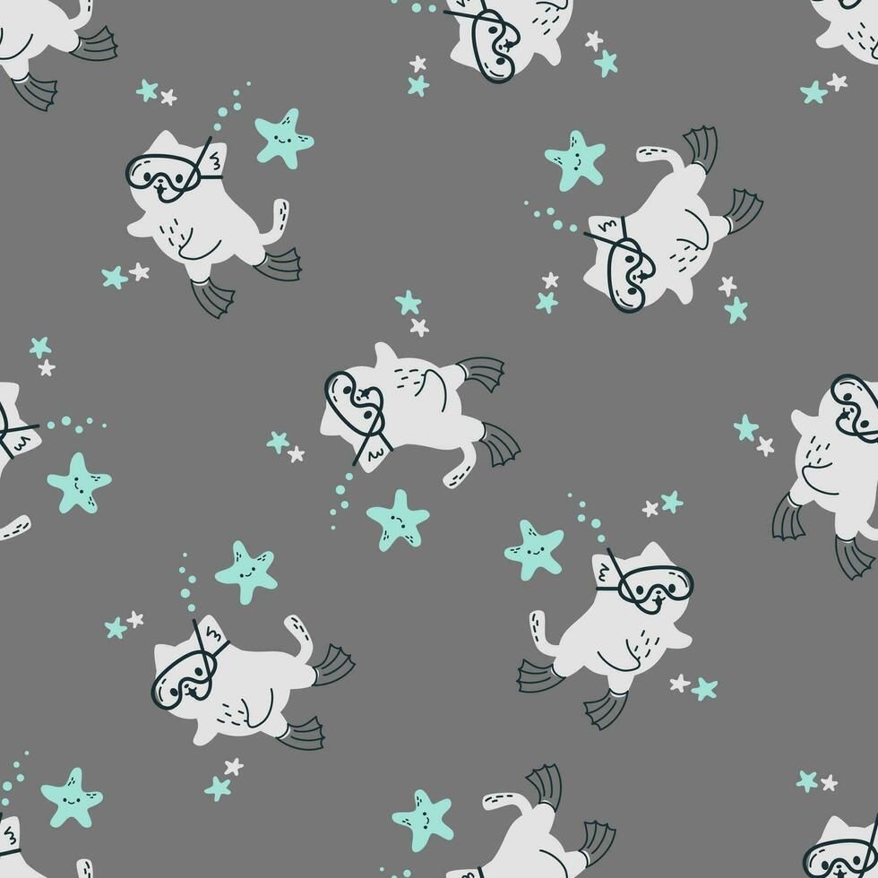 Seamless vector pattern in minimalistic doodle style. Cute cat scuba diver swimming in the water with flippers and mask.