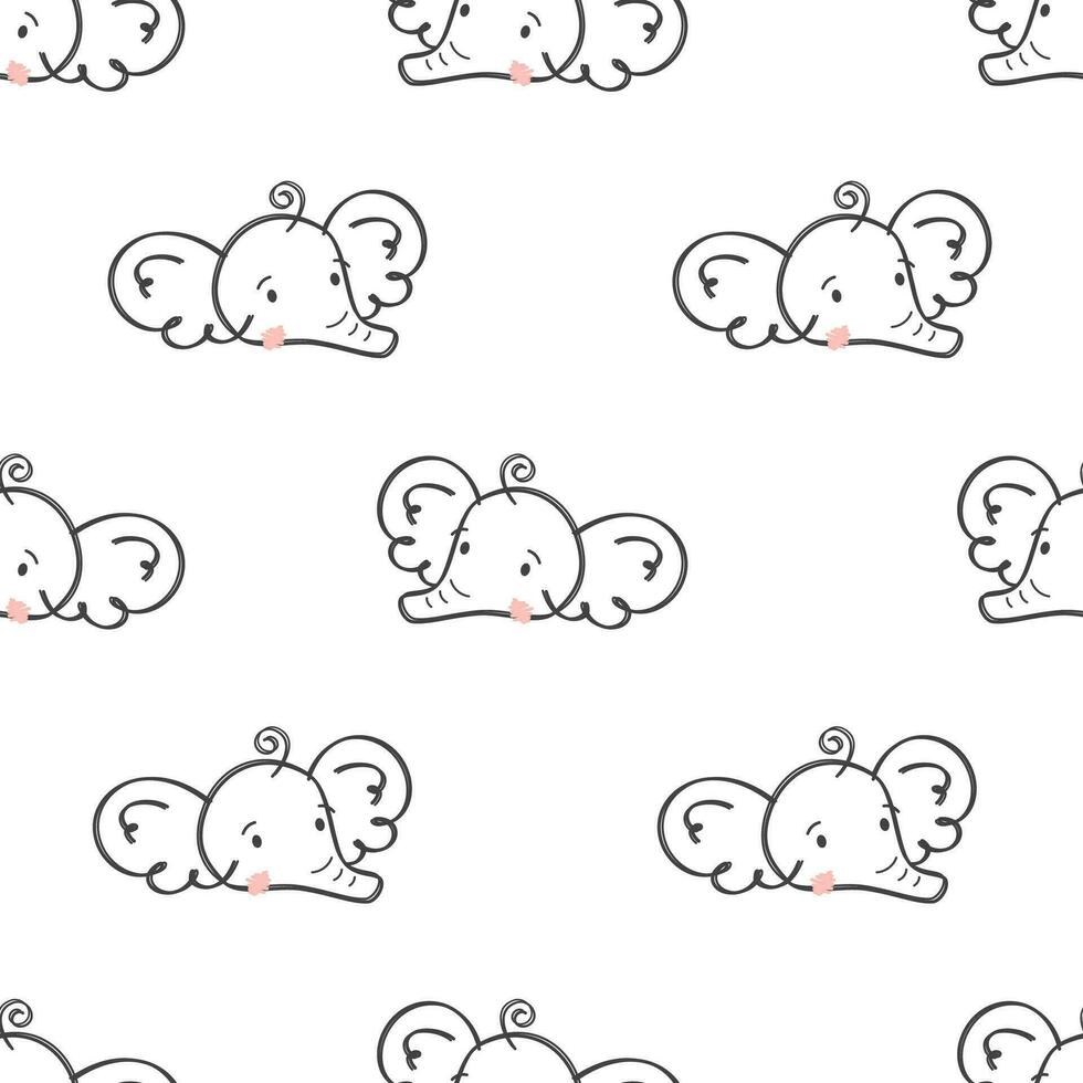 Seamless vector pattern. Cute elephant faces in doodle style. Hand drawn drawing