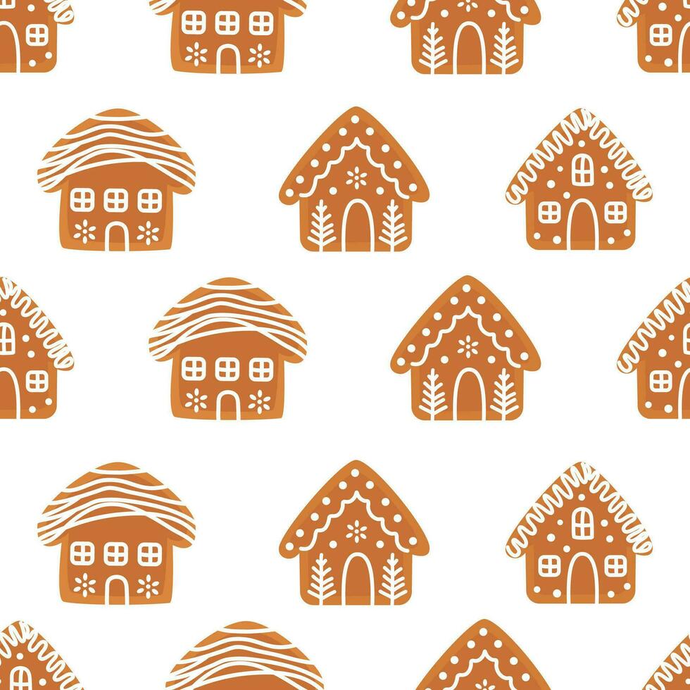 Seamless vector New Year's Eve pattern on white background. Christmas gingerbread houses