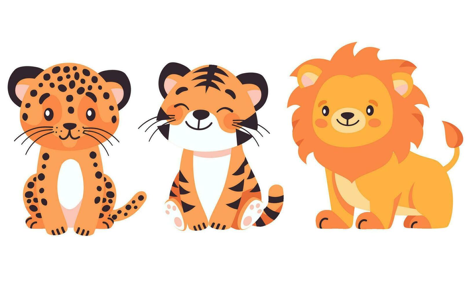 Set of flat vector children's illustration. Wild cats of safari and Africa, tiger, lion and leopard. Animals on white background