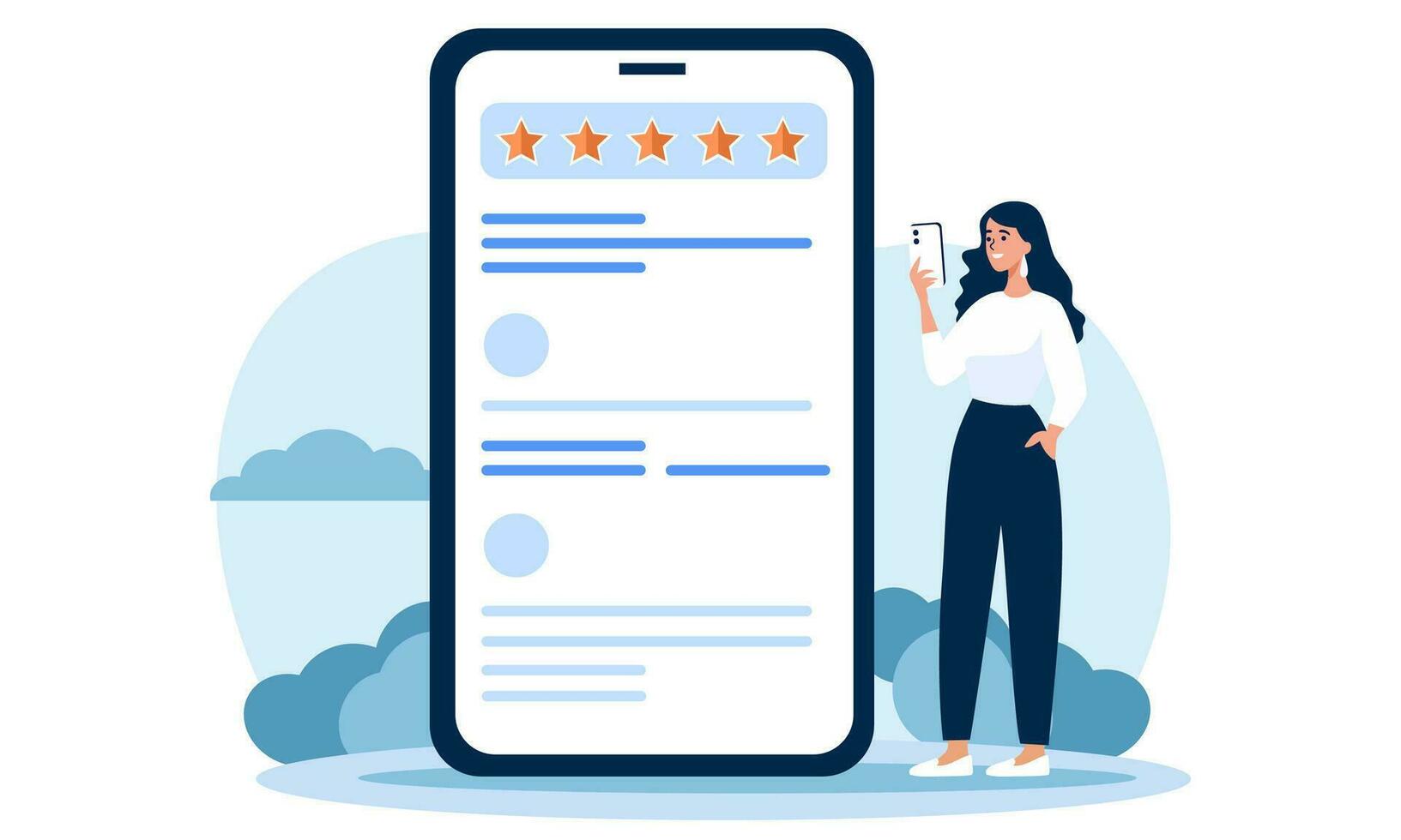 Flat vector illustration. A woman is rating an app. A high rating of five stars. Illustration for a request to rate the work