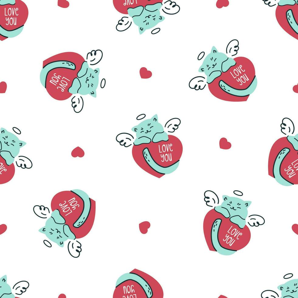 Seamless vector pattern. Cute cupid cat hugging a heart and sleeping on it, inscription love you.