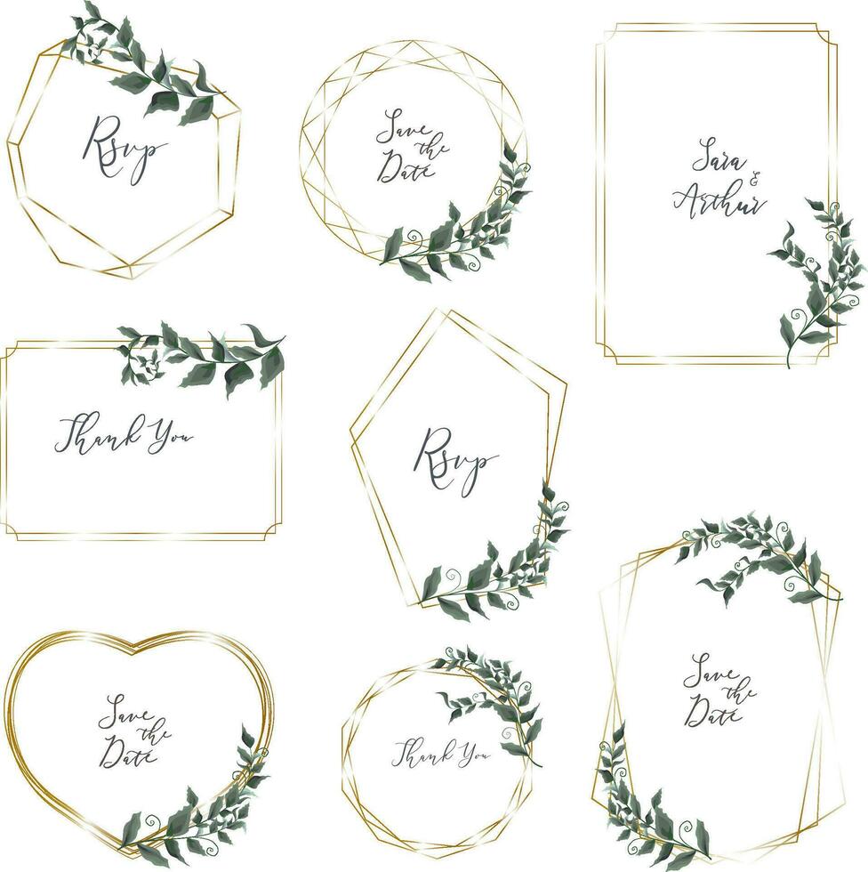 Vector set with gold frames and sprigs of green plants. Frames on white background for holiday design.