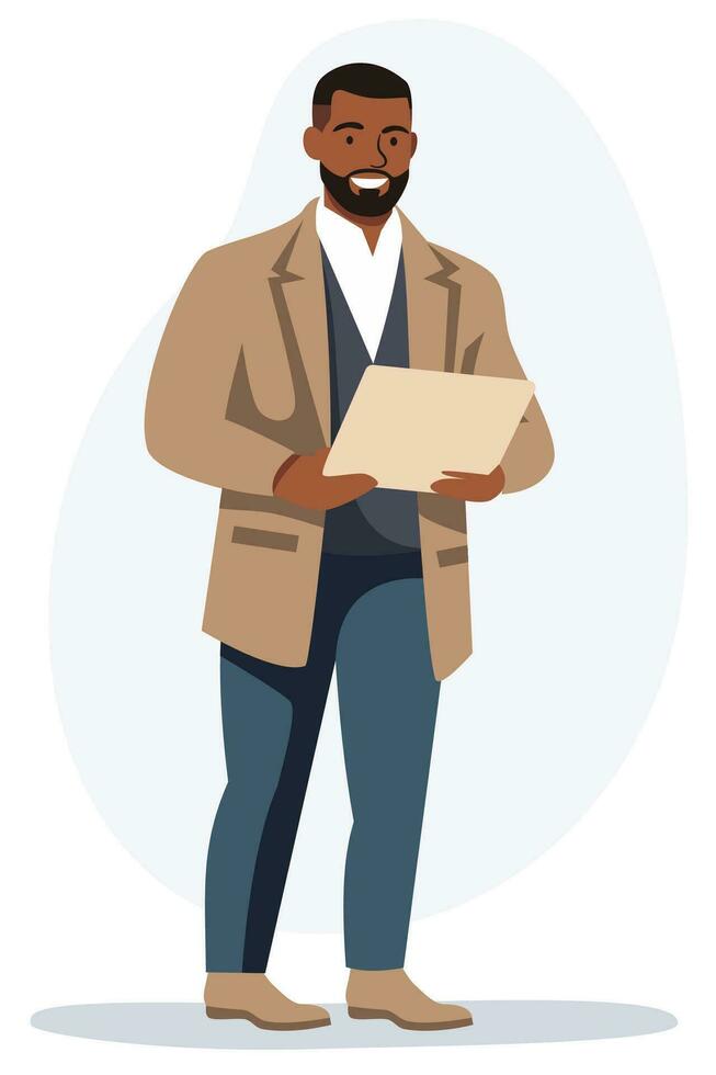 Flat vector illustration. Young black man smiling and holding a laptop computer