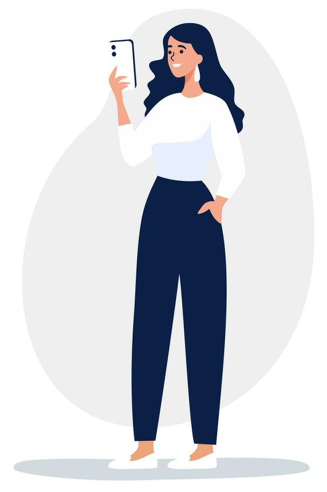 Flat vector illustration. Cute girl smiling and looking at the phone