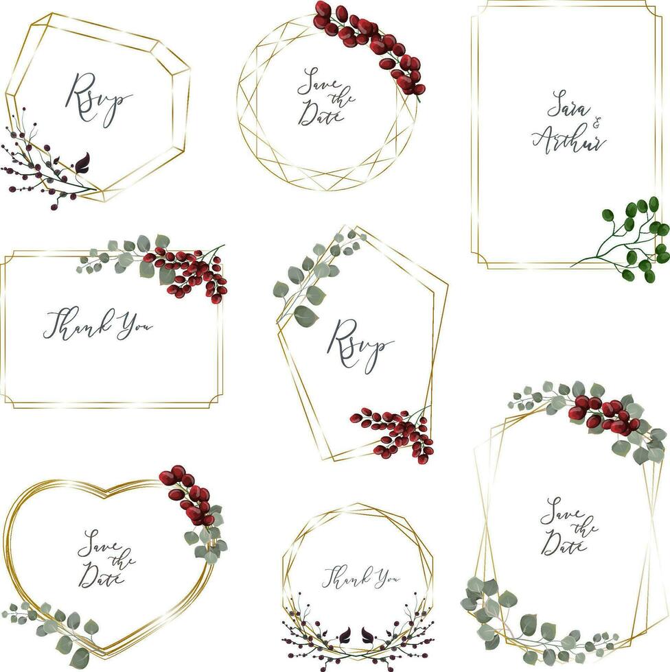 Vector set of golden frames with different berries. Festive templates for wedding design