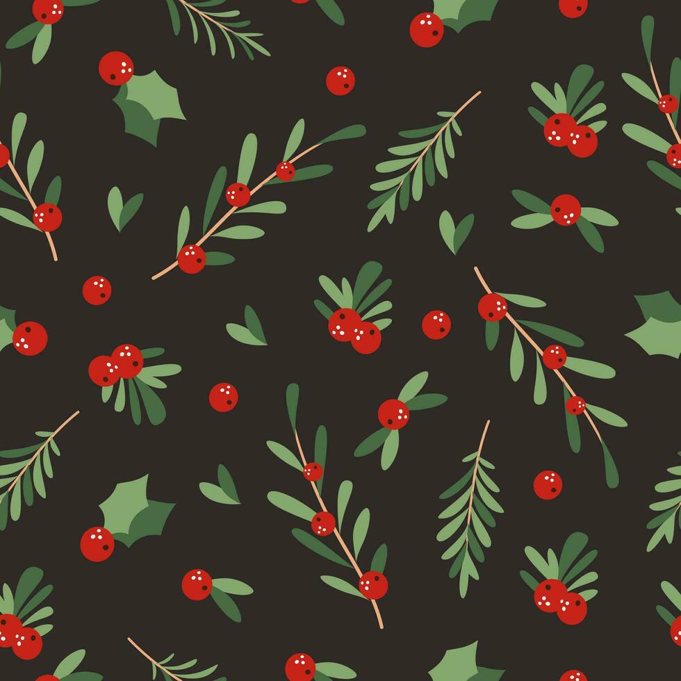 Vector New Year pattern. New Year berries, sharrow, red berries, green leaves, dark background