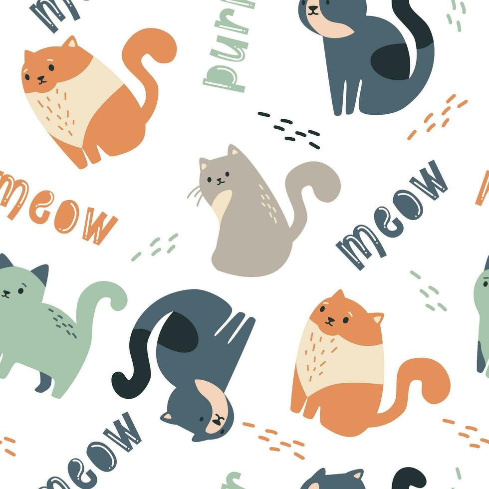 Seamless vector pattern. Cute cats in Scandinavian style, boho, inscriptions pur and meow