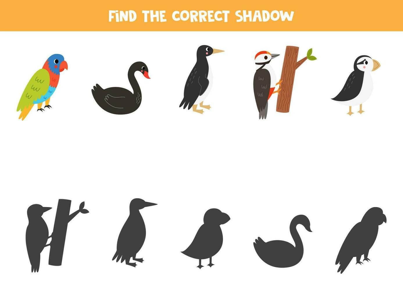 Find shadows of cute cartoon birds. Educational logical game for kids. vector