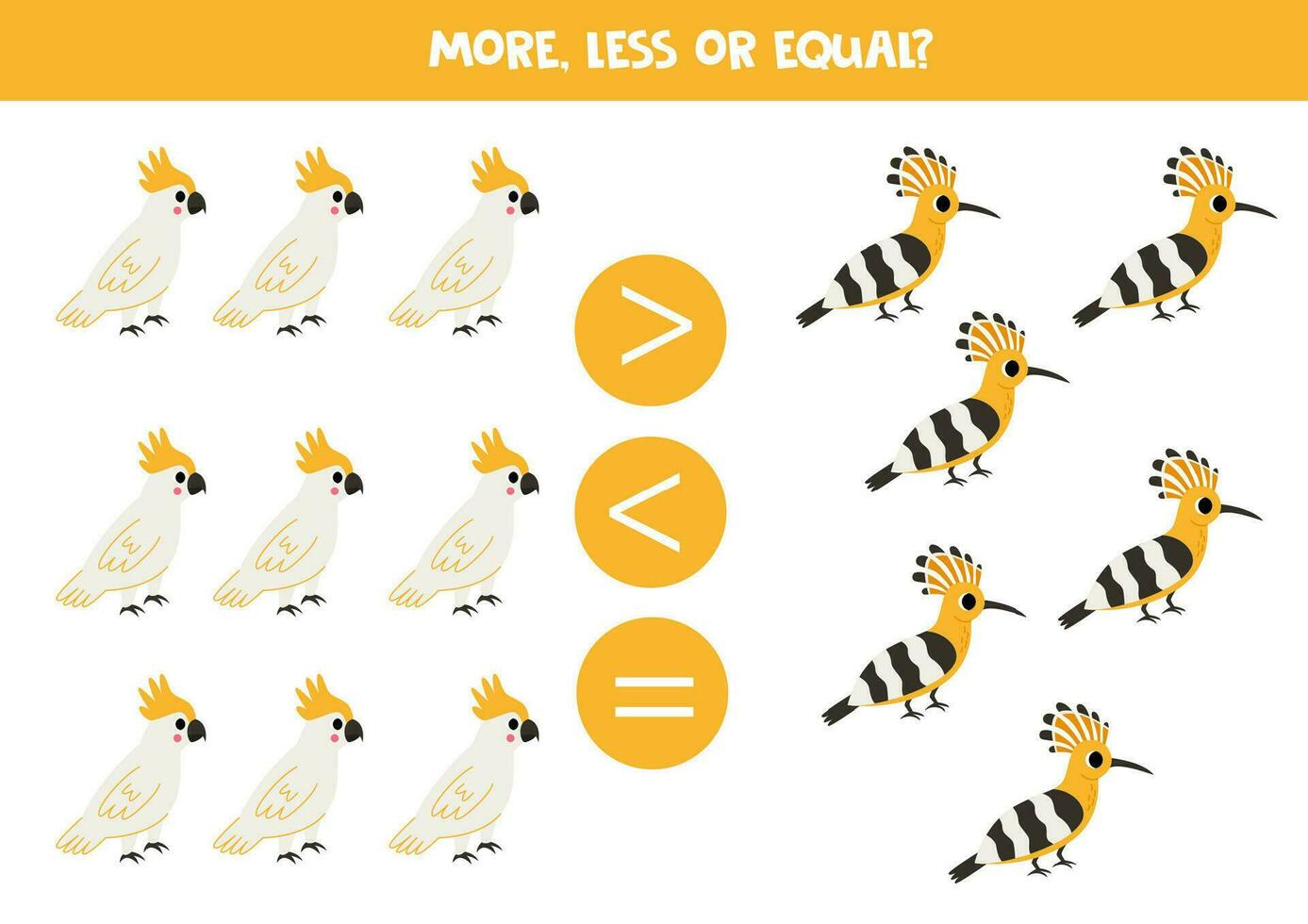 Grater, less or equal with cartoon cockatoo and hoopoe birds. vector