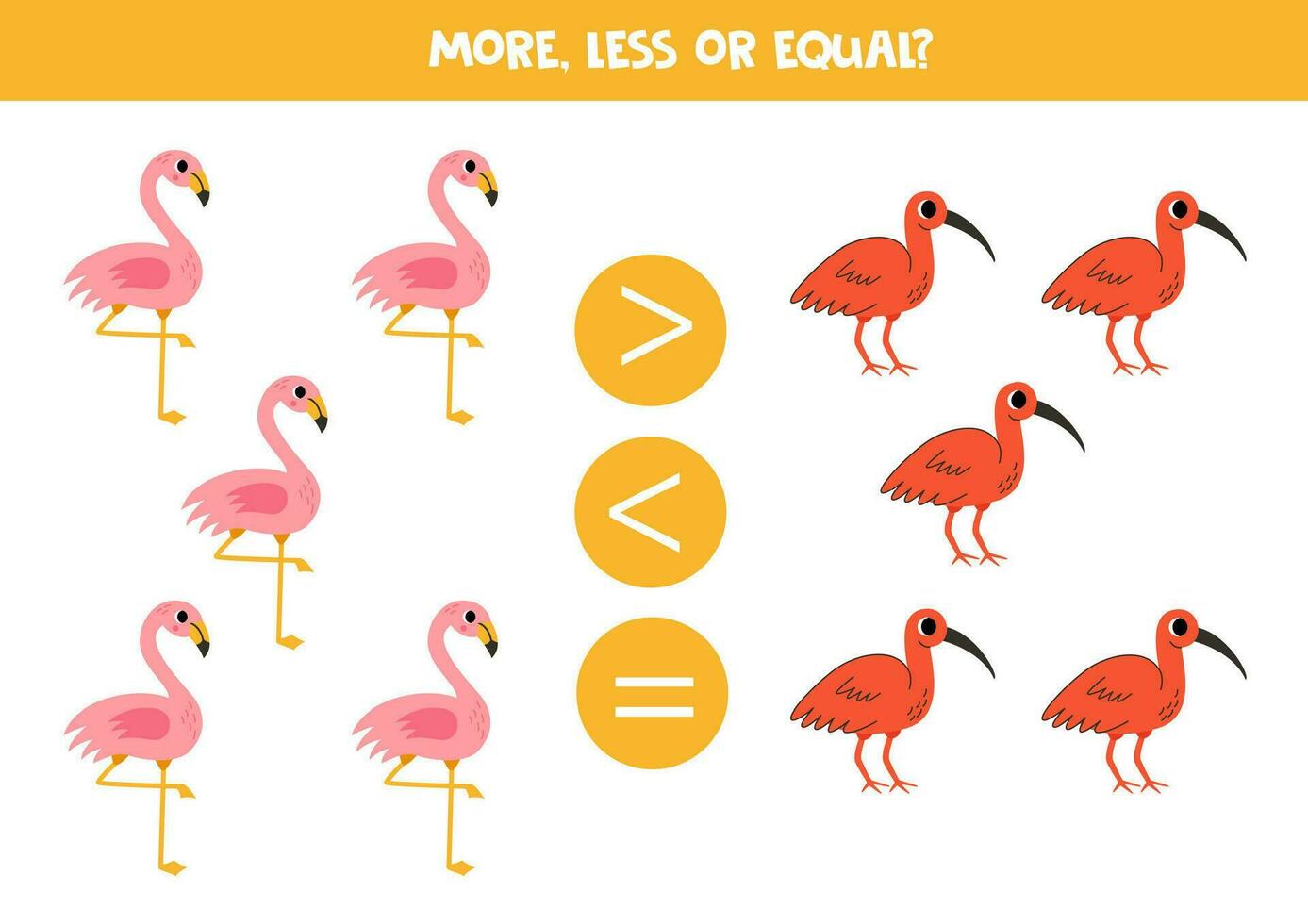 Grater, less or equal with cartoon pink flamingo and scarlet ibis. vector
